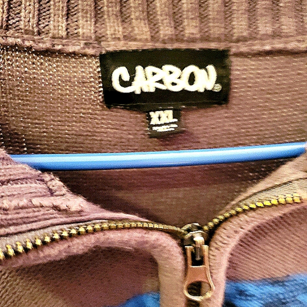 A CARBON Men's XXL 1/4 Zip Heavy knit pullover sweater. Grey, blue, black stripe